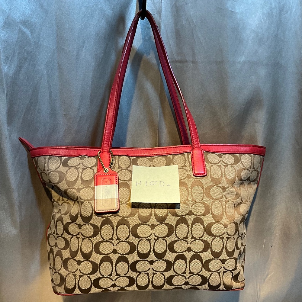 Coach signature print tote w/ red leather trim. 20-H10Da - Picture 3 of 7